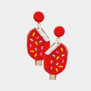 Red Popsicle Ice Cream Seed Beaded Dangle Summer Earrings Fun Statement Jewelry